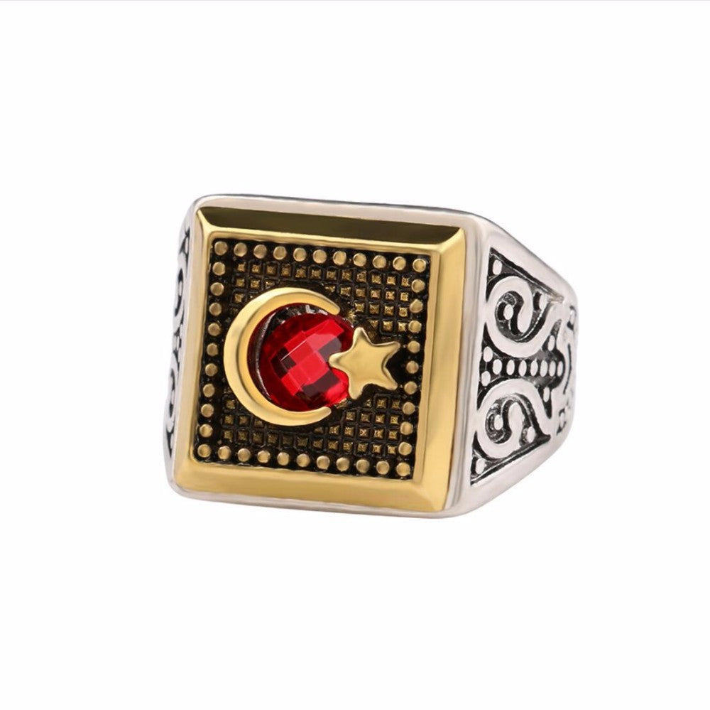 Moon Star Muslim Ring with red Stone | Zinc Alloy