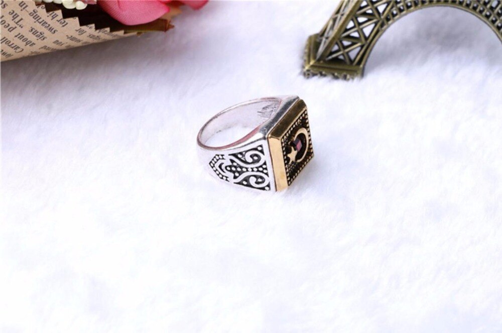 Moon Star Muslim Ring with red Stone | Zinc Alloy